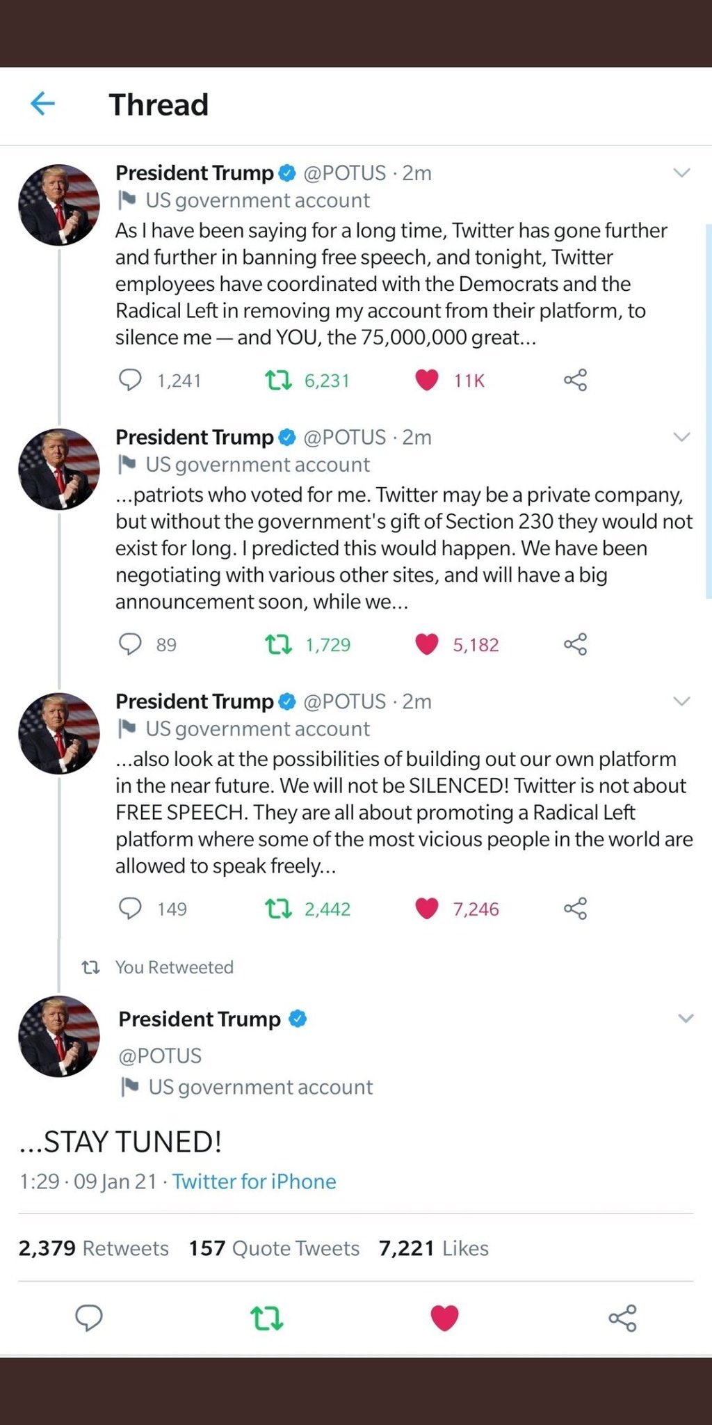 Trump plantea crear su propia plataforma tras bloqueo en Twitter - potus-twitter-capturas
