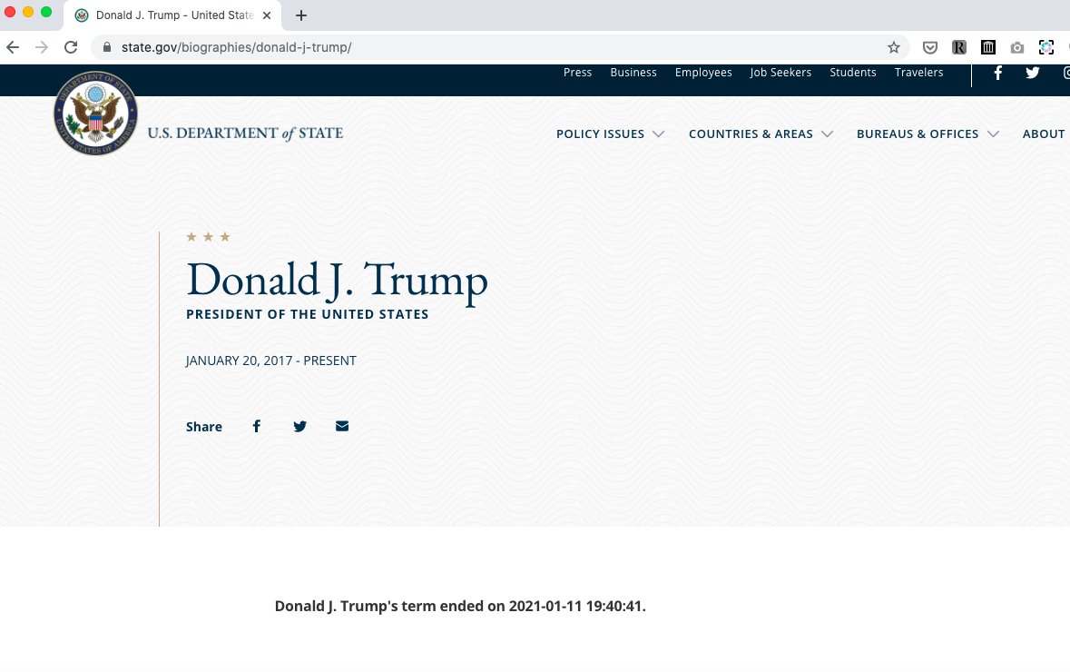 Trump concluye mandato este lunes, muestra página del Departamento de Estado de EE.UU. - termino-del-mandato-de-trump-segun-pagina-del-depto-de-estado-de-eeuu