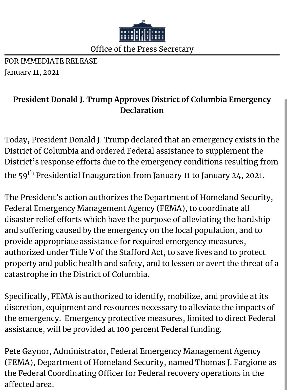 Trump declara Estado de Emergencia en Washington ante toma de protesta de Biden - trump