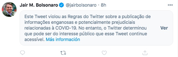 Twitter alerta sobre "información engañosa" en publicación del presidente Bolsonaro sobre tratamiento contra COVID-19 - tuit-de-bolsonaro