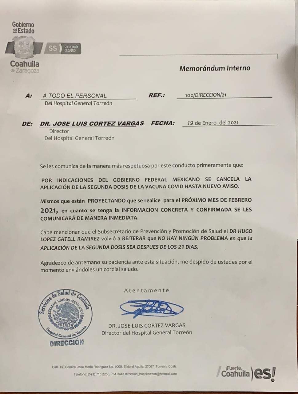 Suspendida aplicación de segunda dosis de vacuna COVID-19 en Hospital General Torreón, señala comunicado interno - whatsapp-image-2021-01-19-at-103700-pm