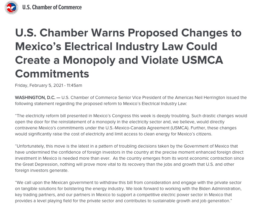 Reforma a la Ley de la Industria Eléctrica abriría la puerta a monopolio y violaría compromisos del T-MEC, advierte Cámara de Comercio de EE.UU. - camara-de-comercio-eeuu
