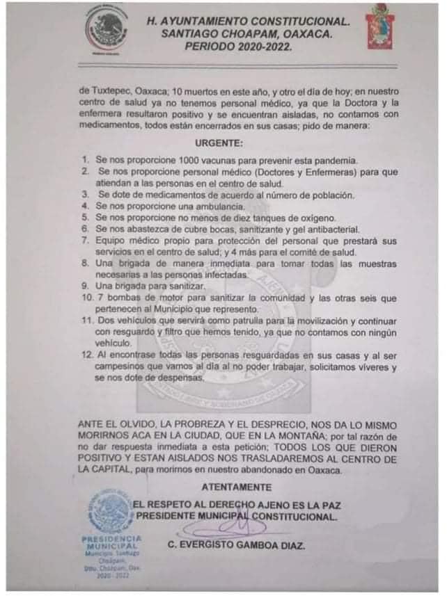 Brote de COVID-19 en municipio de Oaxaca deja 11 muertos y 400 infectados - carta-a-amlo-de-santiago-choapam-oaxaca
