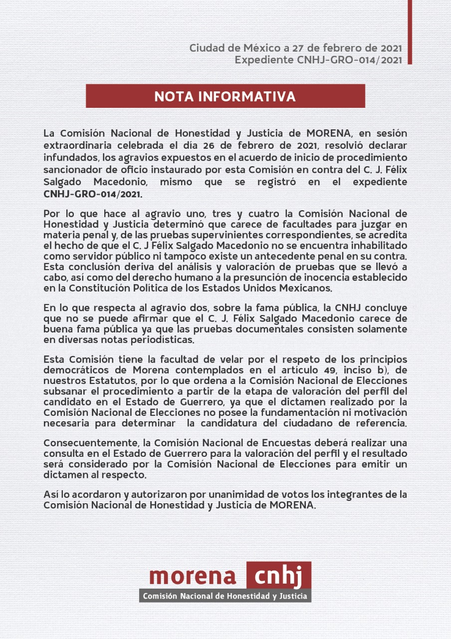 Comisión de Morena propone inhabilitar a Salgado Macedonio - nota-morena
