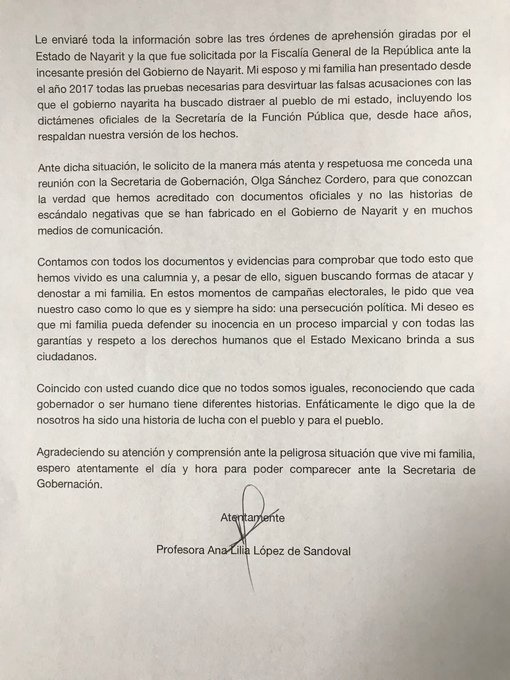 Esposa de Roberto Sandoval pide a AMLO detener "encarnizada persecución política" contra su familia - carta-ana-lilia-lopez-roberto-sandoval-2