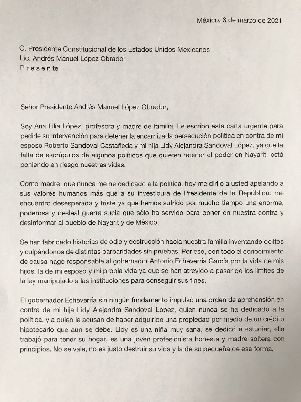 Esposa de Roberto Sandoval pide a AMLO detener "encarnizada persecución política" contra su familia - carta-ana-lilia-lopez-roberto-sandoval