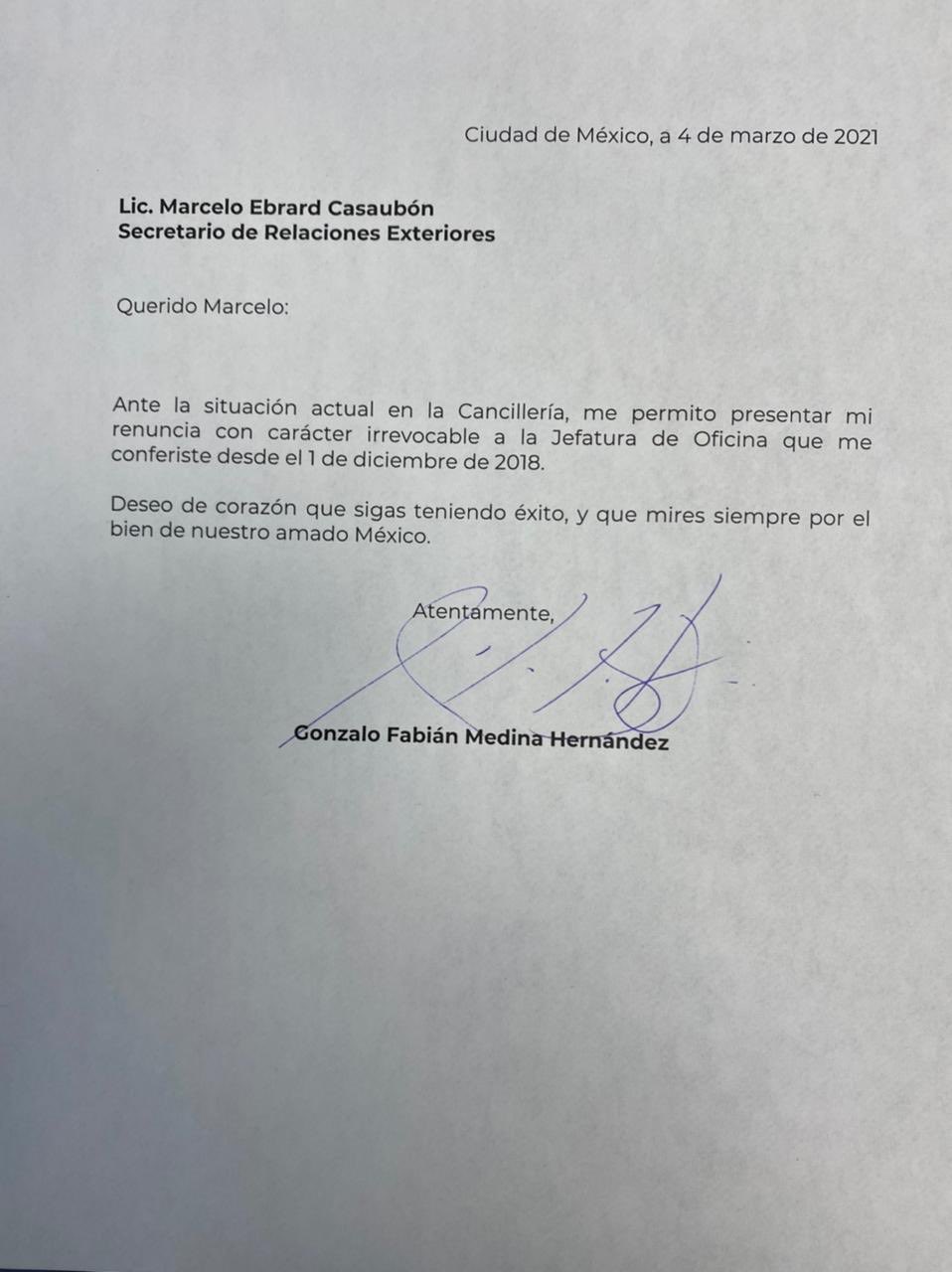 Renuncia Fabián Medina a Jefatura de Oficina de SRE - carta-renuncia-fabian-medina