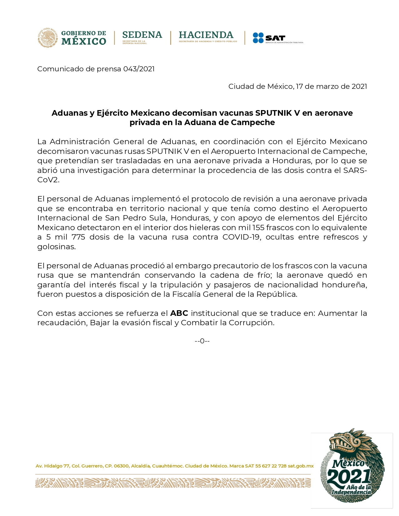 Dependencia del Gobierno Federal ordenó liberar a implicados en contrabando de vacuna Sputnik V falsa: Univision - comunicado-aduanas-vacunas-sputnik-v