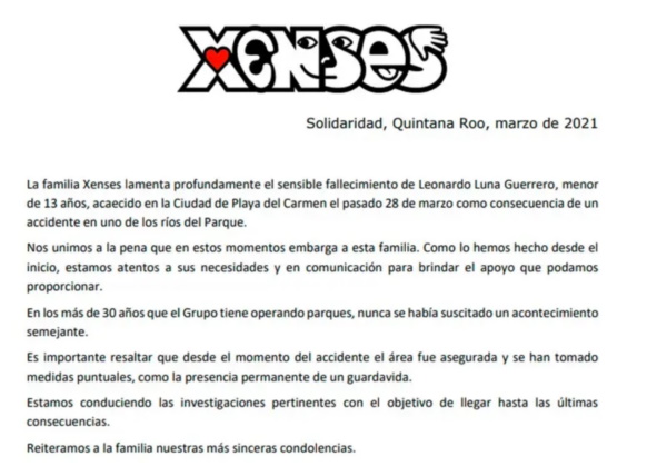 Sistema de filtración de parque de Xcaret succiona a menor; murió por hemorragia pulmonar - xenses-menor-comunicado