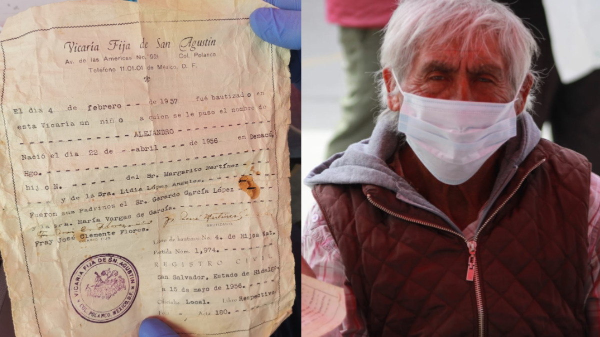 Anciano presenta fe de bautismo para recibir la vacuna contra COVID-19