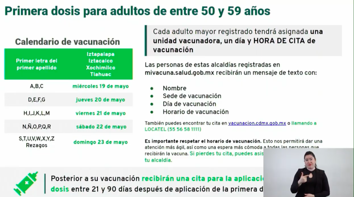 Iniciará vacunación de personas de 50 a 59 años en Iztapalapa, Iztacalco, Xochimilco y Tláhuac - calendario