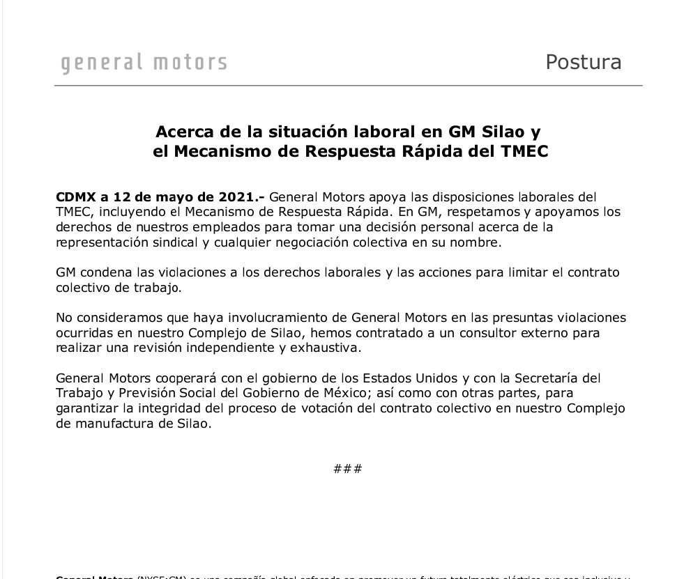 General Motors rechaza violaciones a derechos laborales en Guanajuato - comunicado-gm