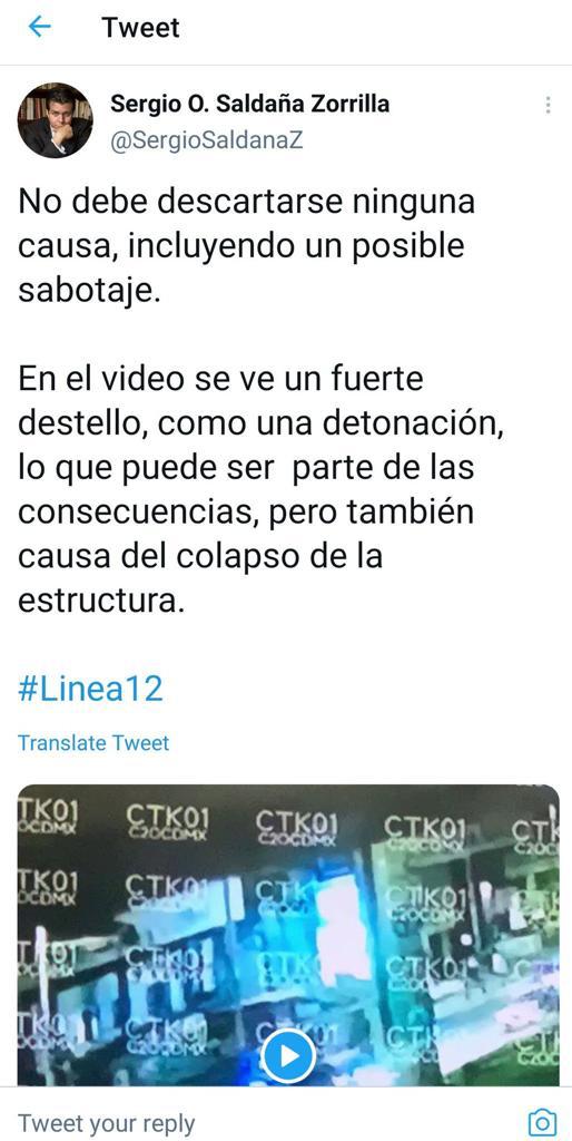 Subsecretario de Energía pide no descartar un posible sabotaje en el Metro y borra tuit - tuit-de-sergio-saldana-sobre-posible-sabotaje-en-accidente-del-metro-cdmx