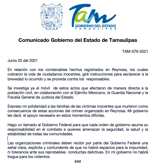 Jornada violenta en Reynosa, Tamaulipas, deja 18 muertos - gobierno-tamaulipas-comunicado