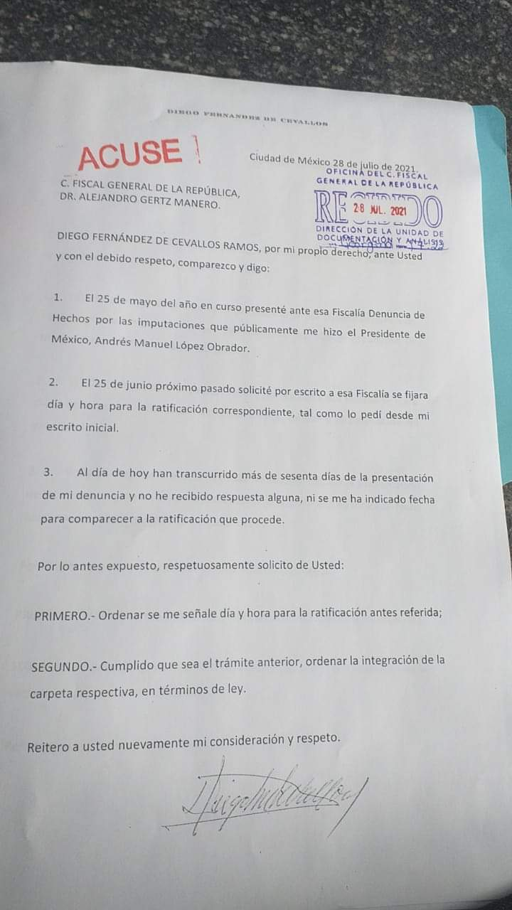 Diego Fernández de Cevallos acusa falta de respuesta de FGR ante denuncia contra AMLO - escrito-de-diego-fernandez-de-cevallos-al-fiscal-gertz-manero