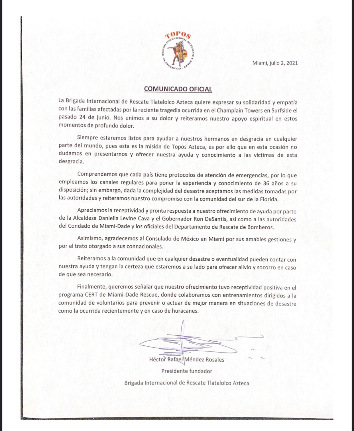 Niegan ingreso a los Topos a zona cero de derrumbe en Miami - topos-mexico