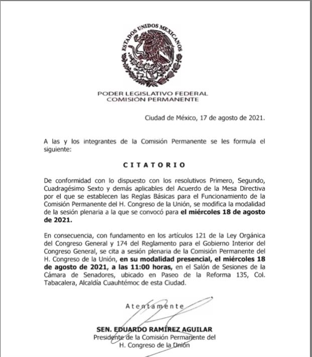 Comisión Permanente tendrá sesión presencial este miércoles; Morena buscará extraordinario para Revocación de Mandato - convocatoria-a-reunion-presencial-de-la-comision-permanente-del-congreso-de-la-union