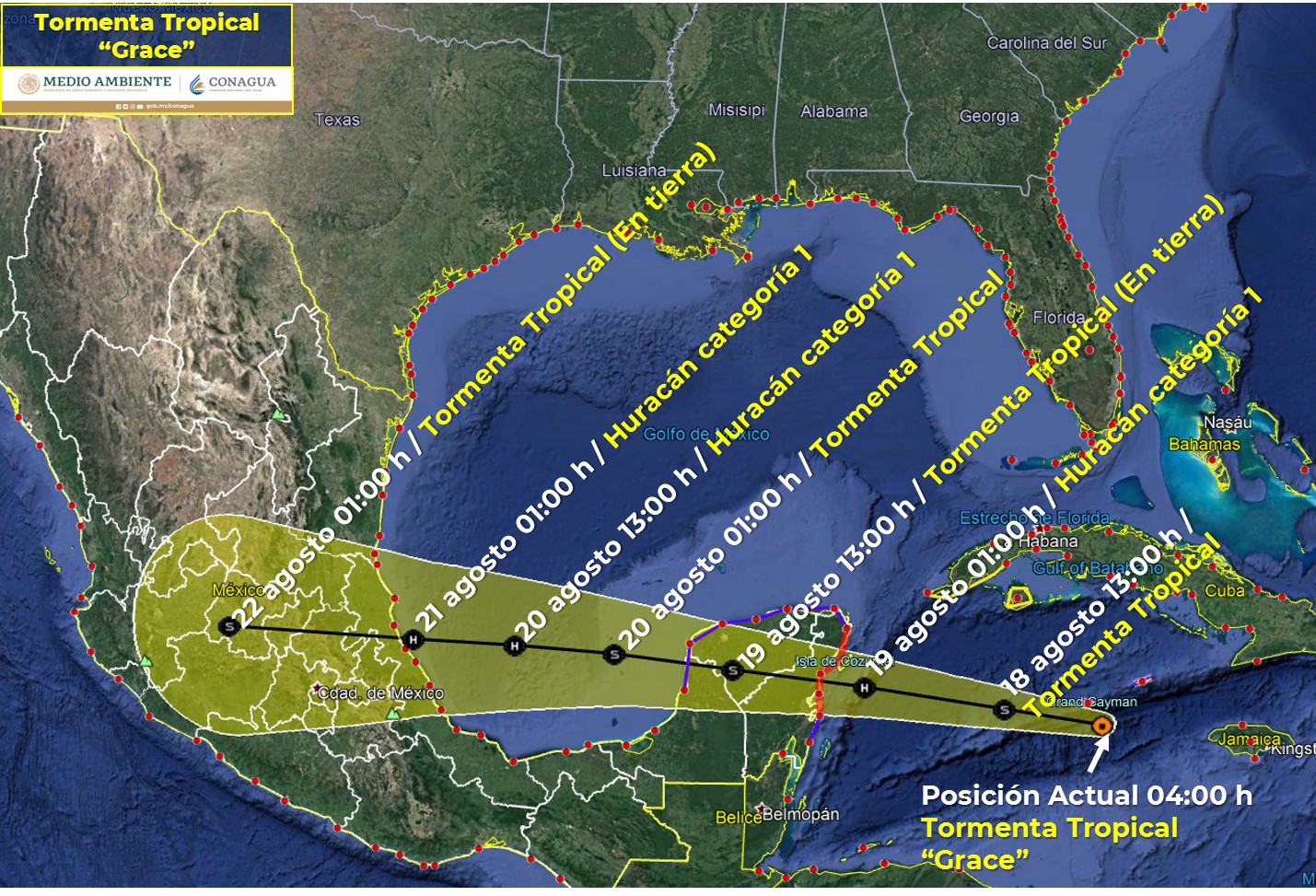 Tormenta tropical Grace se intensifica; ocasionará lluvias y fuertes vientos en Península de Yucatán - trayectoria-grace