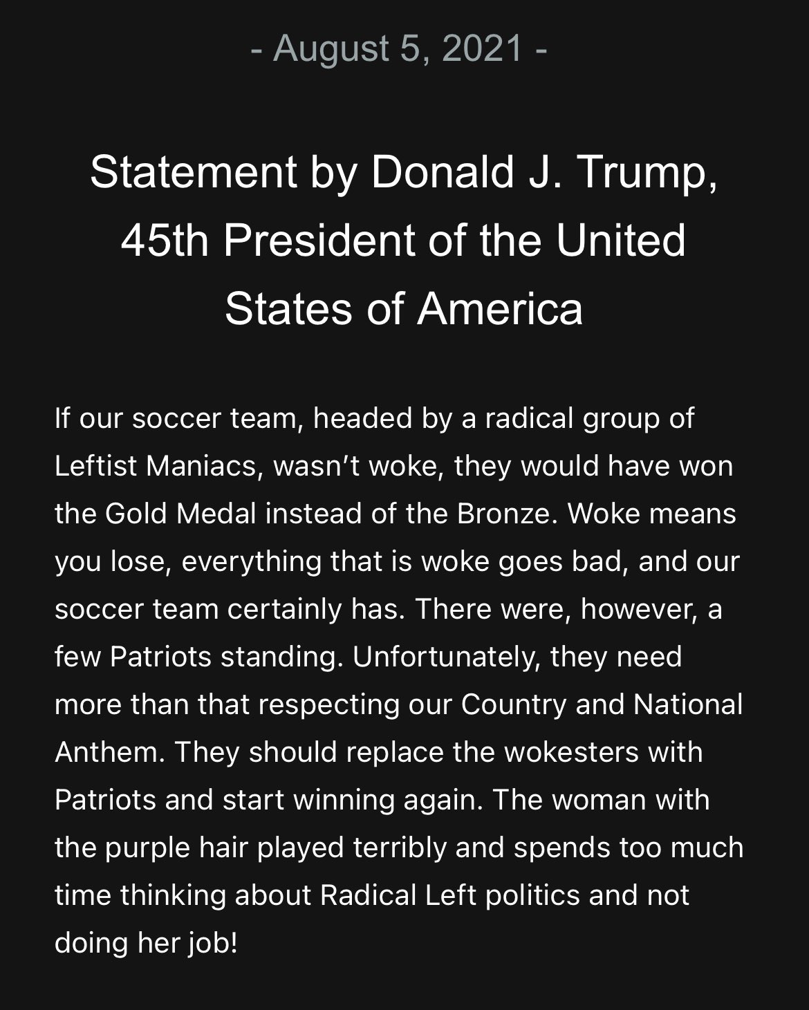 Trump: si hubieran respetado el himno, EE.UU. habría logrado el oro en futbol femenil - trump-seleccion-femenil-eeuu-bronce-tokio