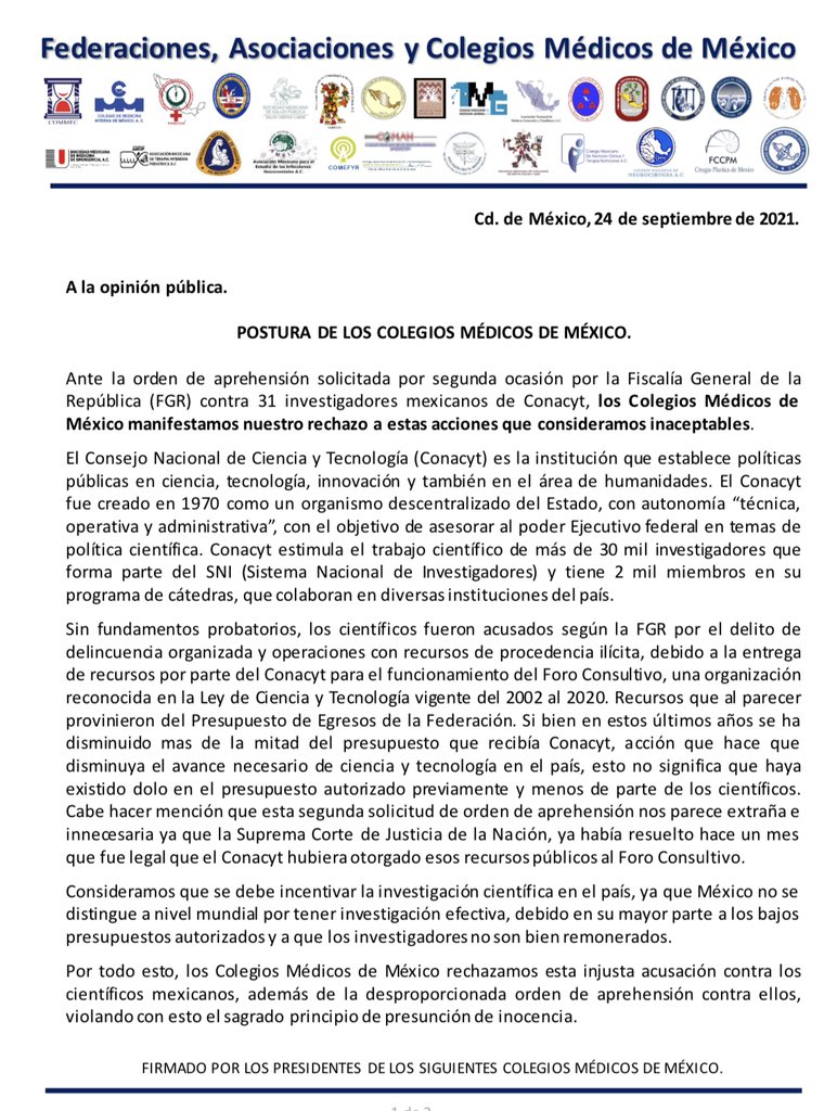 Colegios médicos de México se pronuncian contra acusaciones a científicos de Conacyt - federaciones-asociaciones-y-colegios-medicos-de-mexico-01