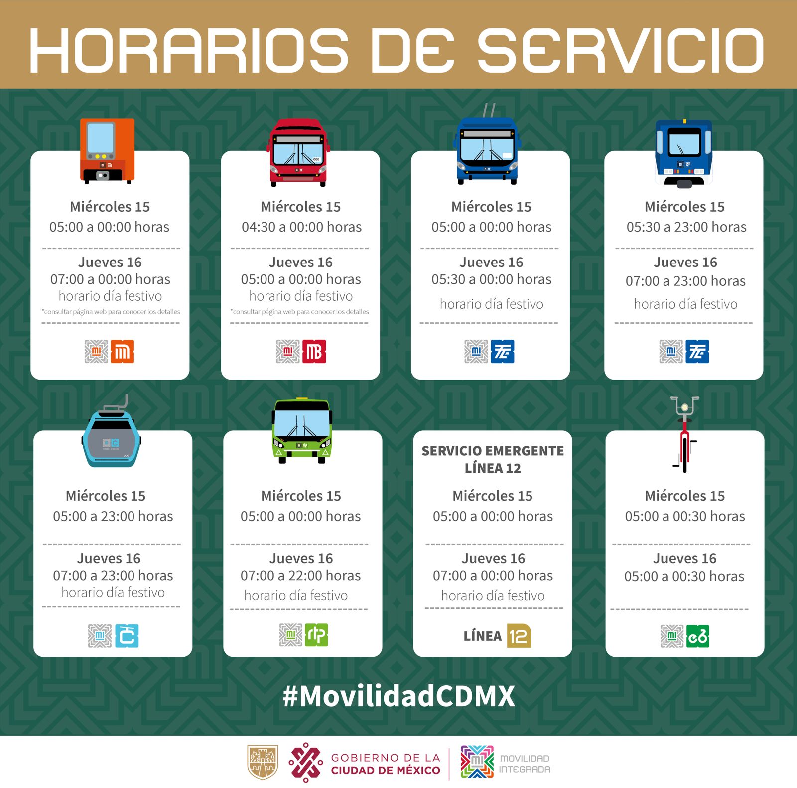 Transportes en CDMX operarán con horario especial el 16 de septiembre - horarios-transporte-cdmx