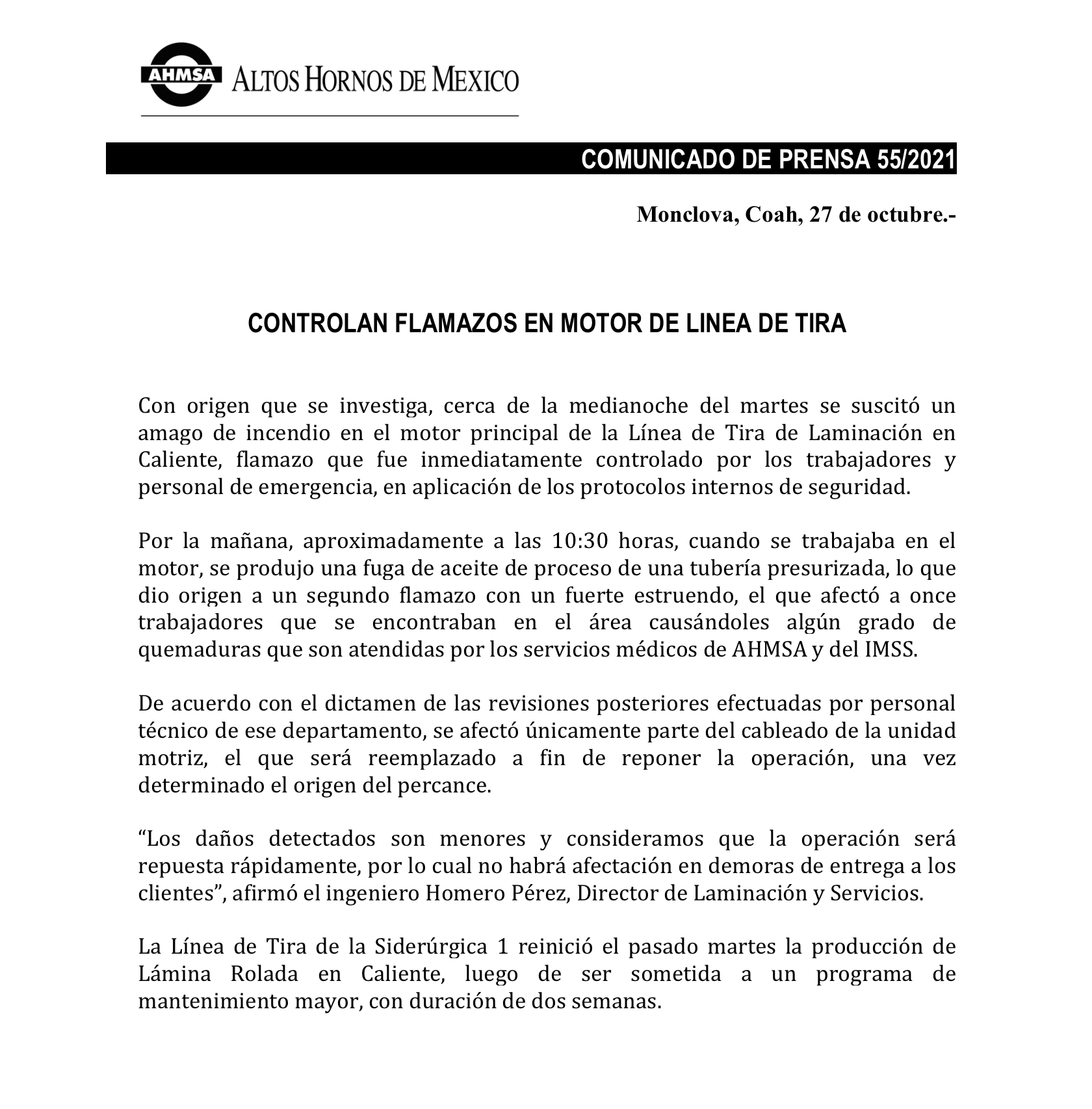 Flamazos en siderúrgica de Altos Hornos de México dejan 11 heridos - comunicado-altos-hornos-de-mexico