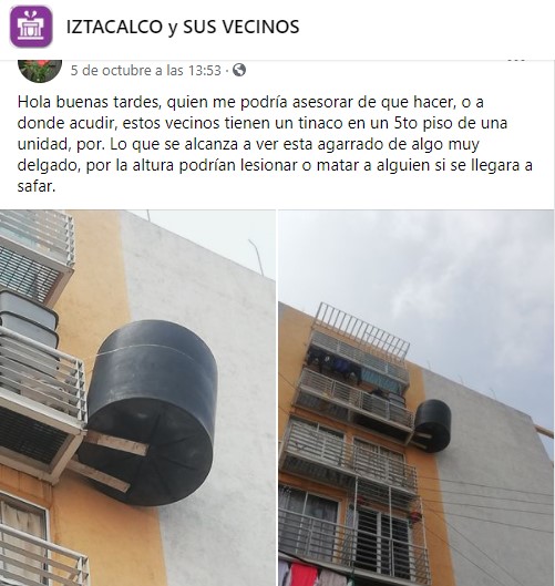 Vecinos de Iztacalco cuelgan tinaco en 5to piso de edificio; PC lo retira - denuncia-de-tinaco-en-quinto-piso-de-edificio