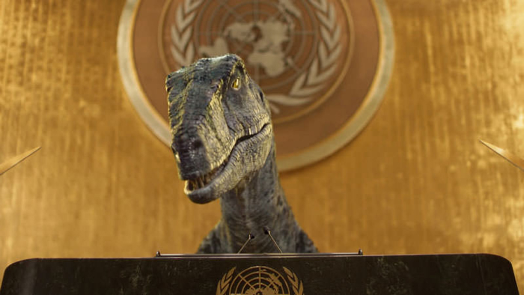 #Video Dinosaurio toma la ONU para exigir a la humanidad no extinguirse