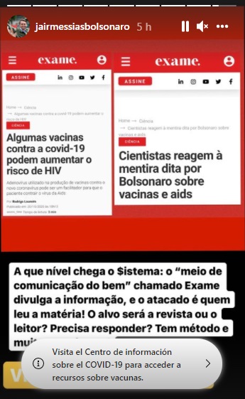 Facebook retira video de Bolsonaro en que vincula vacuna anticovid al sida - historia-en-ig-de-bolsonaro-sobre-vacunas-covid-19-y-sida