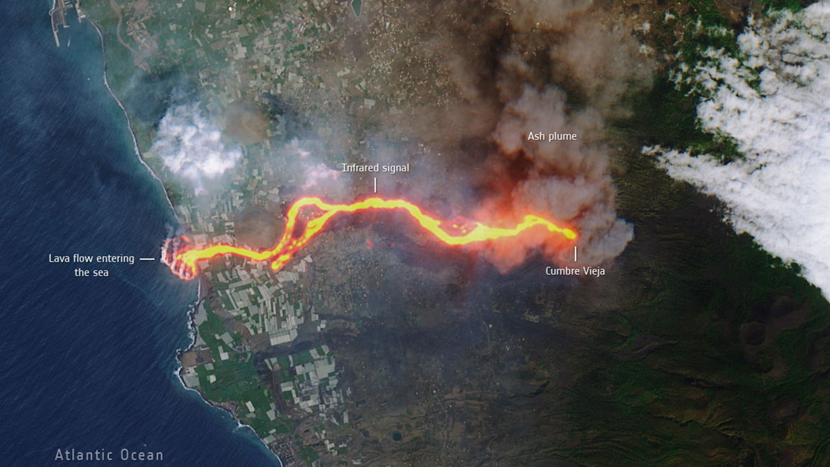 La impresionante vista satelital de la lava del volcán Cumbre Vieja - lava-del-volcan-en-isla-la-palma-hacia-el-oceano-atlantico
