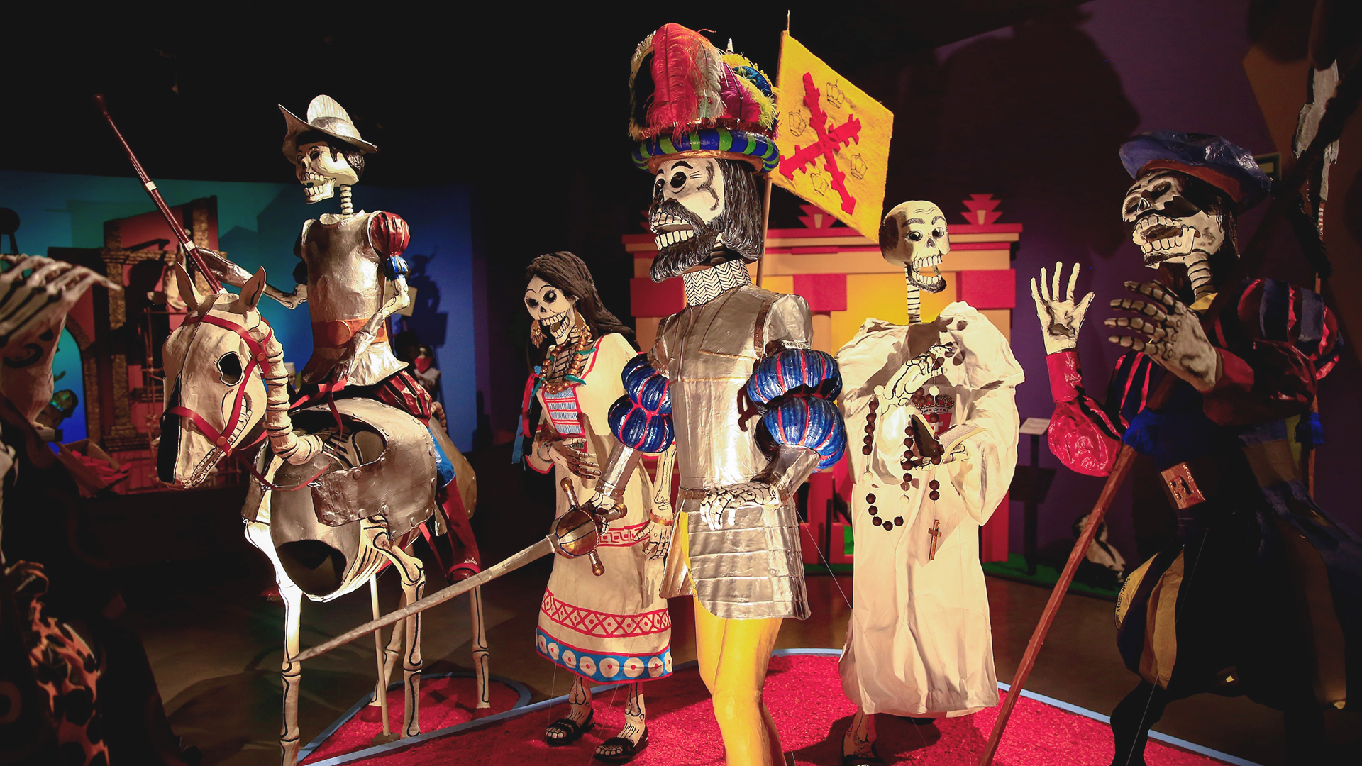 Museo Dolores Olmedo dedica tradicional ofrenda de Día de Muertos a héroes mexicanos - llegada-de-hernan-cortes-a-tenochtitlan-en-ofrenda-del-museo-dolores-olmedo