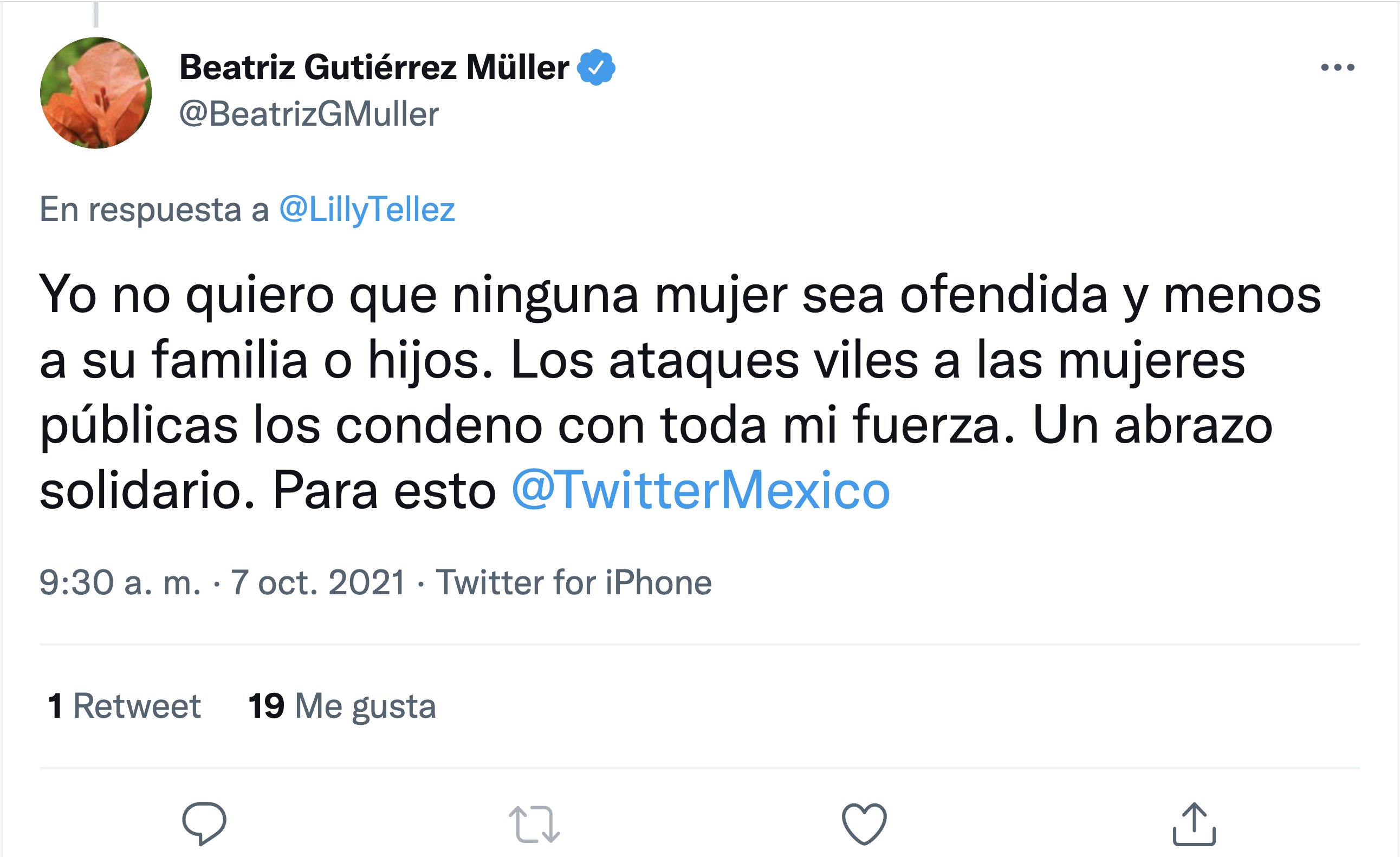 Gutiérrez Müller condena "ataques viles" contra Lilly Téllez y su hijo - tuit-bgm