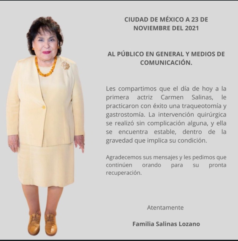 Realizan traqueotomía y gastrostomía a Carmen Salinas; permanece estable - carmen-salinas-1
