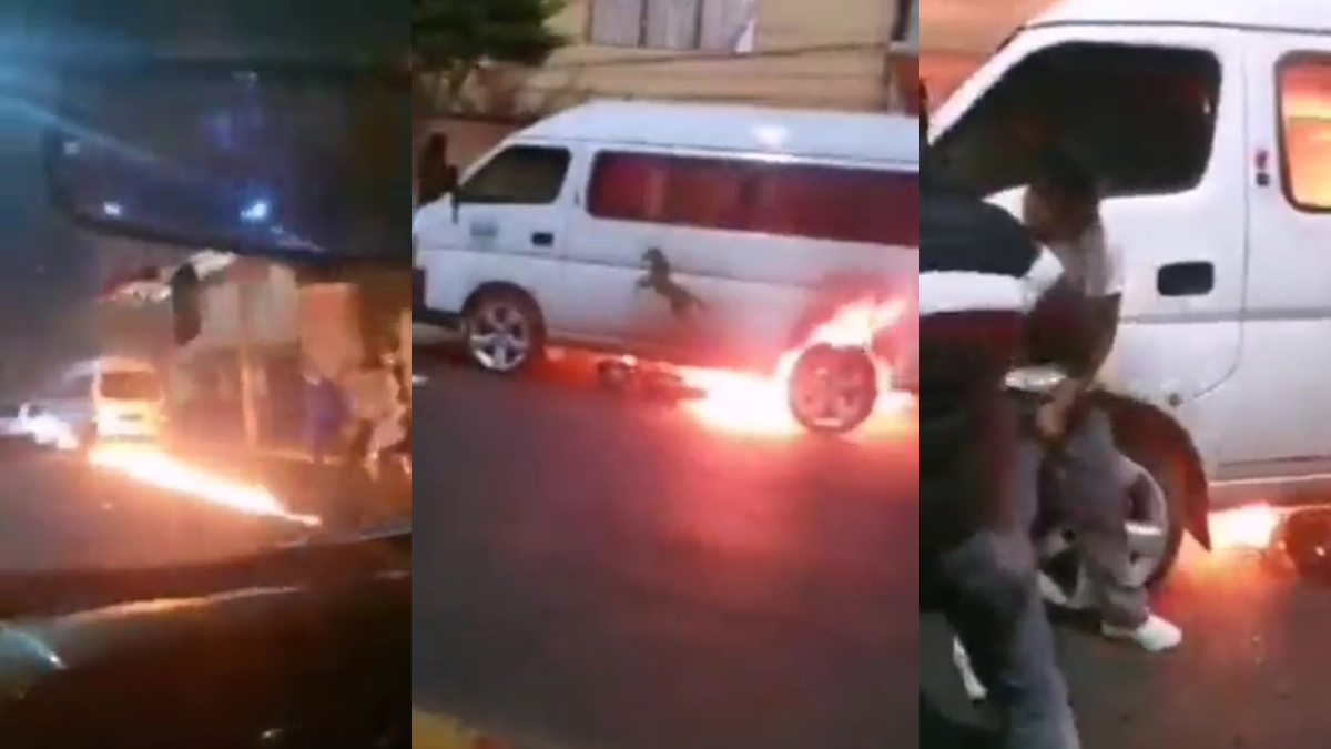 #Video Chofer de combi arrastra moto en Neza para evitar asalto; terminó golpeado