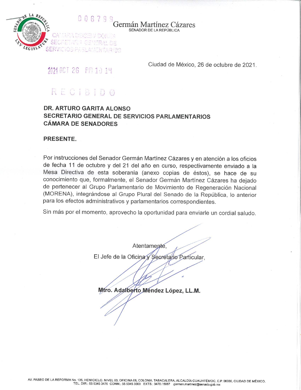 Germán Martínez deja bancada de Morena en el Senado - german-martinez-carta-morena-plural