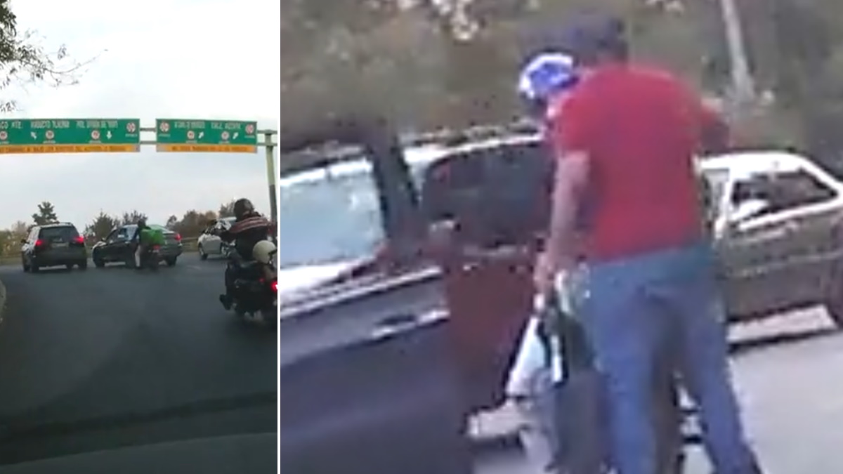 Automovilista se detiene en plena Glorieta de Vaqueritos para golpear a motociclista Automovilista se detiene en plena Glorieta de Vaqueritos para golpear a motociclista