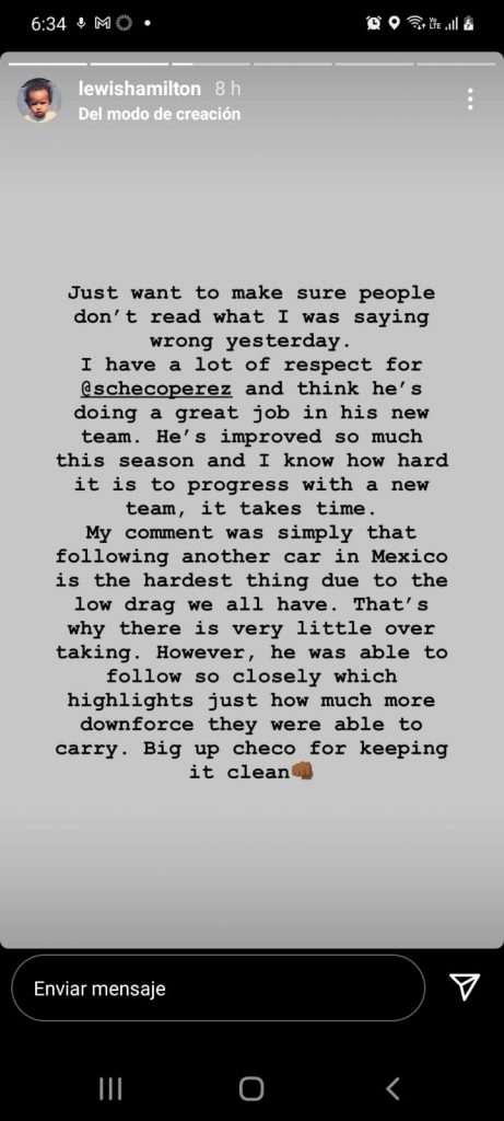 Lewis Hamilton aclara comentarios sobre 'Checo' Pérez tras GP de México - hamilton-checo-palabras-461x1024
