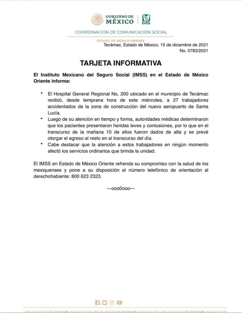 Accidente en aeropuerto de Santa Lucía dejó 27 trabajadores heridos - tarjeta-informativa-del-imss-sobre-accidente-de-trabajadores-del-aifa-790x1024