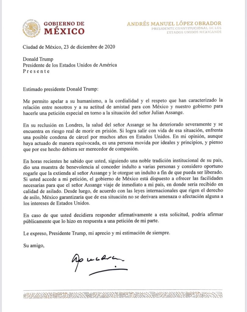 México publica carta enviada a Trump en donde le pidió exonerar a Assange - carta-amlo-trump-assange-811x1024