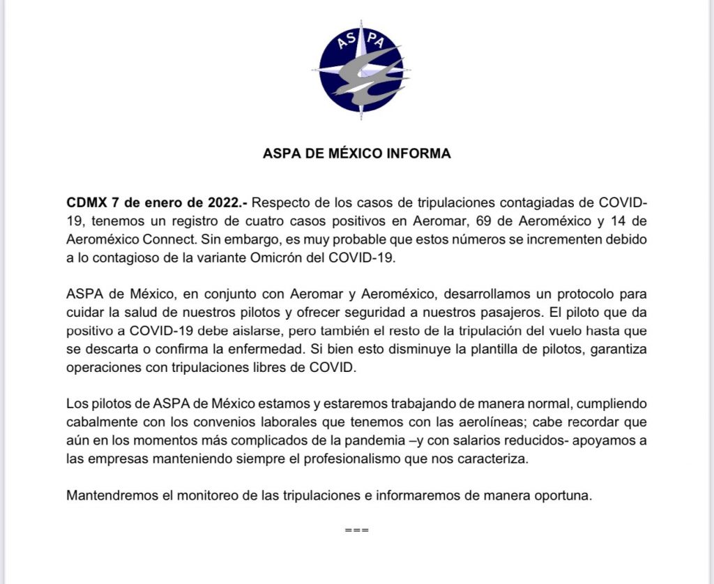 Cancelan decenas de vuelos por contagios de COVID-19 - comunicado-aspa-1024x837