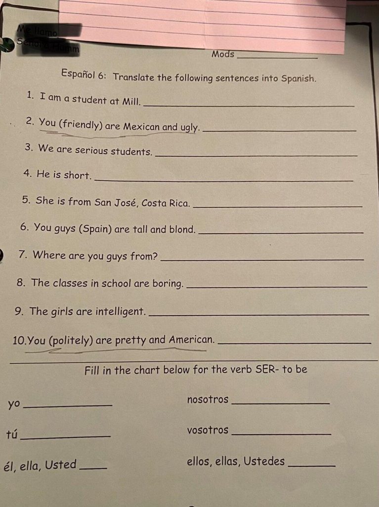 Polémica por tarea escolar que incluyó la expresión "mexicano feo" en EE.UU. - mexicano-tarea-feo-767x1024
