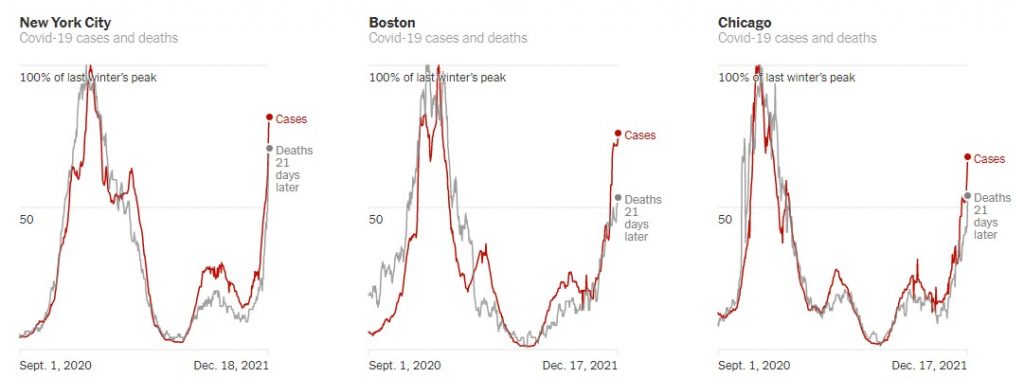Primeras ciudades de EE.UU. afectadas por ómicron comienzan a ver aumento de muertes - relacion-de-casos-y-muertes-por-covid-19-en-tres-ciudades-de-eeuu-1024x378