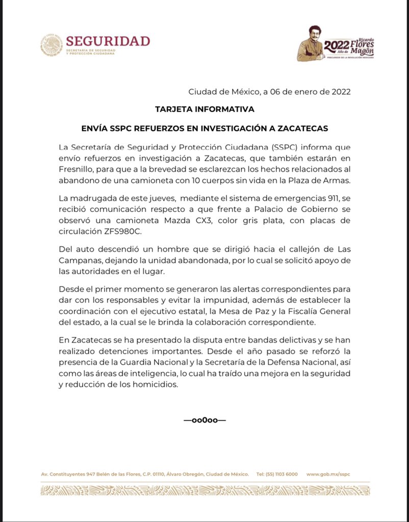 Son 10 los cuerpos abandonados en Zacatecas frente a Palacio de Gobierno - sspc-sobre-cuerpos-abandonados-en-zacatecas