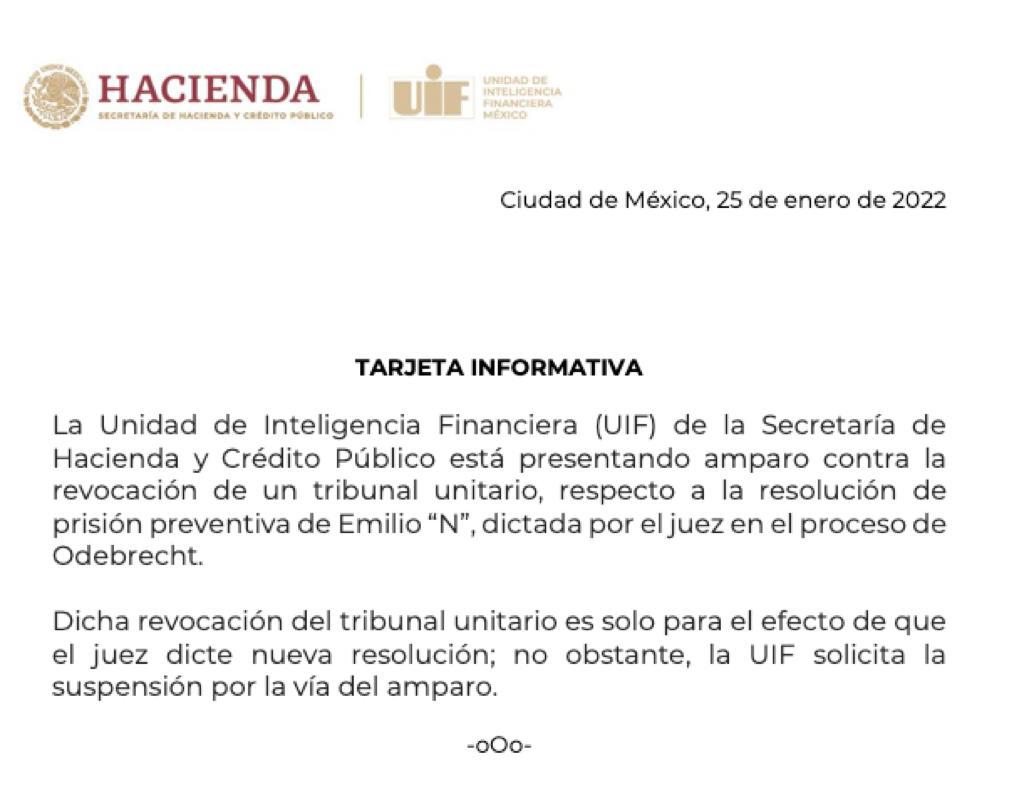 Impugnará UIF orden de reponer audiencia a Emilio Lozoya por Odebrecht - uif-comunicado-lozoya