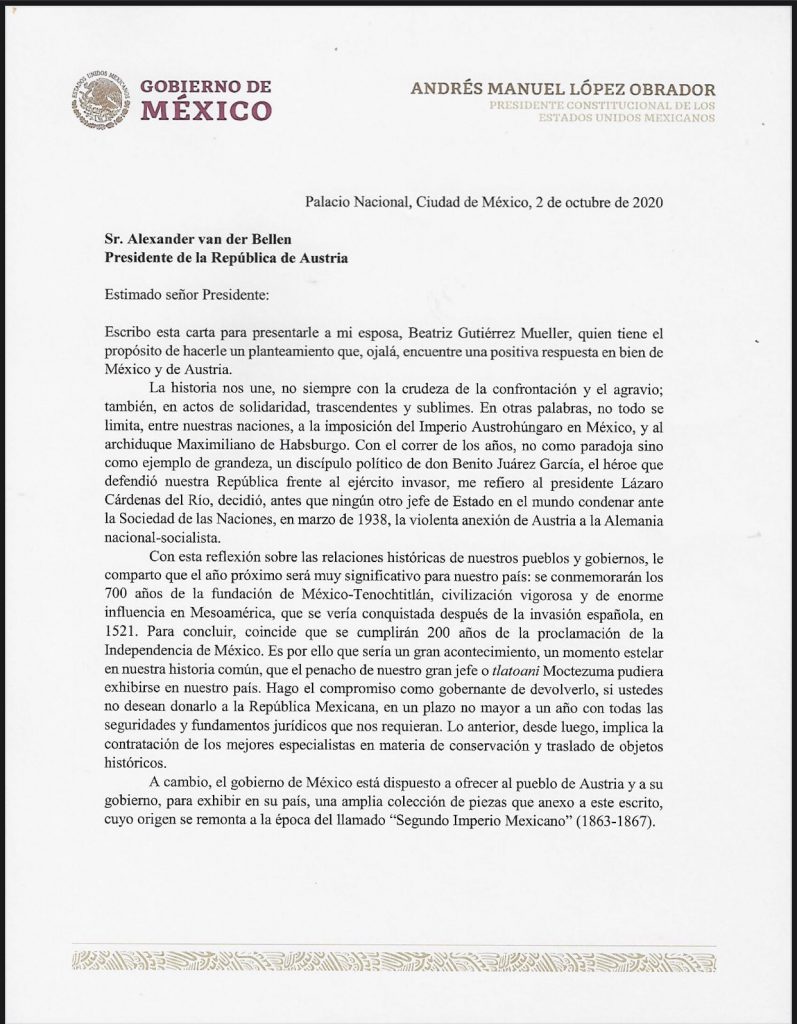 López Obrador divulga carta a Austria para pedir penacho de Moctezuma - carta-amlo-austria-penacho-moctezuma-797x1024