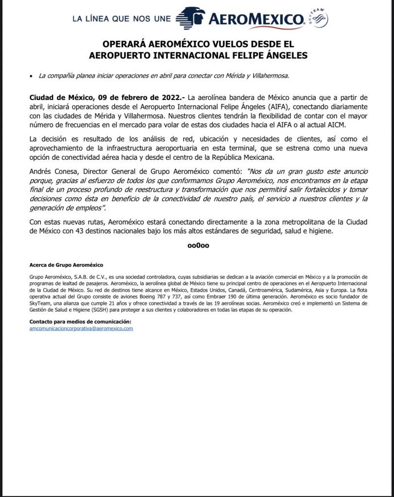 Aeroméxico operará dos rutas aéreas en AIFA - comunicado-operaciones-de-aeromexico-en-aifa-811x1024