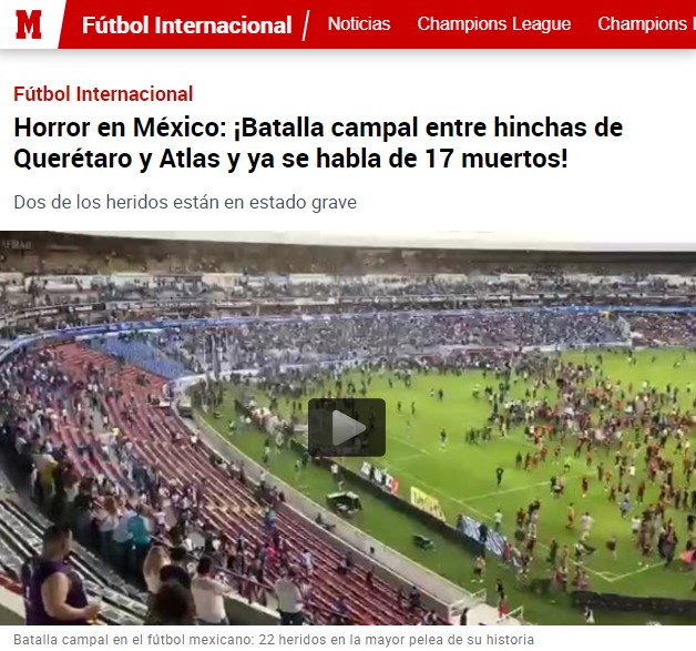Violencia en el Querétaro-Atlas, portada de medios internacionales - diario-marca-queretaro-vs-atlas