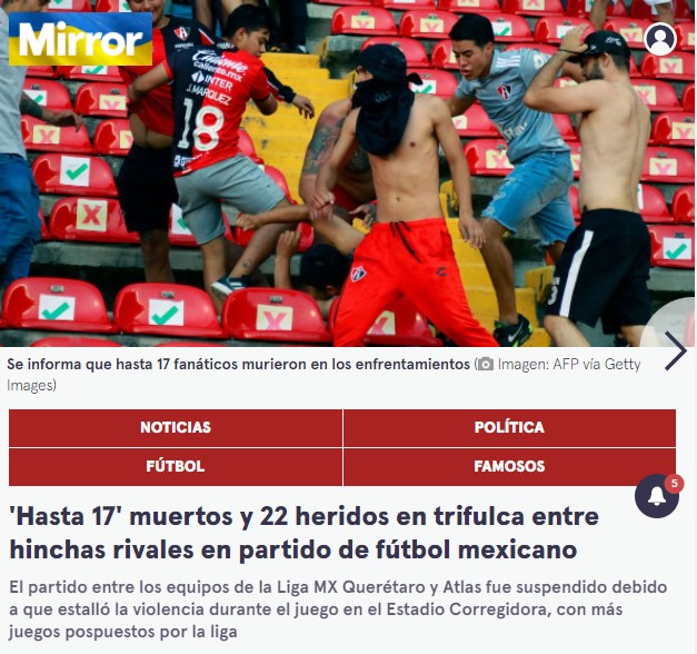 Violencia en el Querétaro-Atlas, portada de medios internacionales - mirror-queretaro-vs-atlas