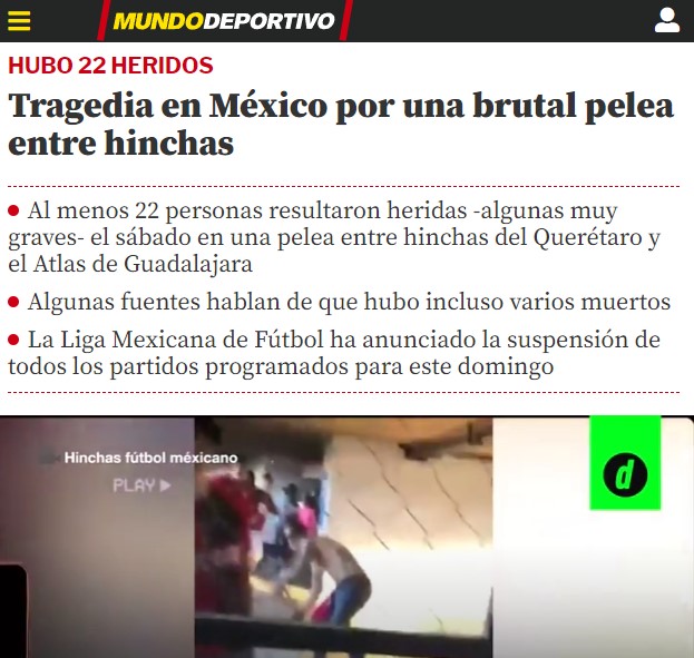Violencia en el Querétaro-Atlas, portada de medios internacionales - mundo-deportivo-queretaro-vs-atlas