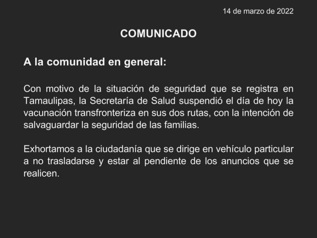 Suspenden vacunación transfronteriza por violencia en Nuevo Laredo - suspension-de-la-vacunacion-transfronteriza-1024x768